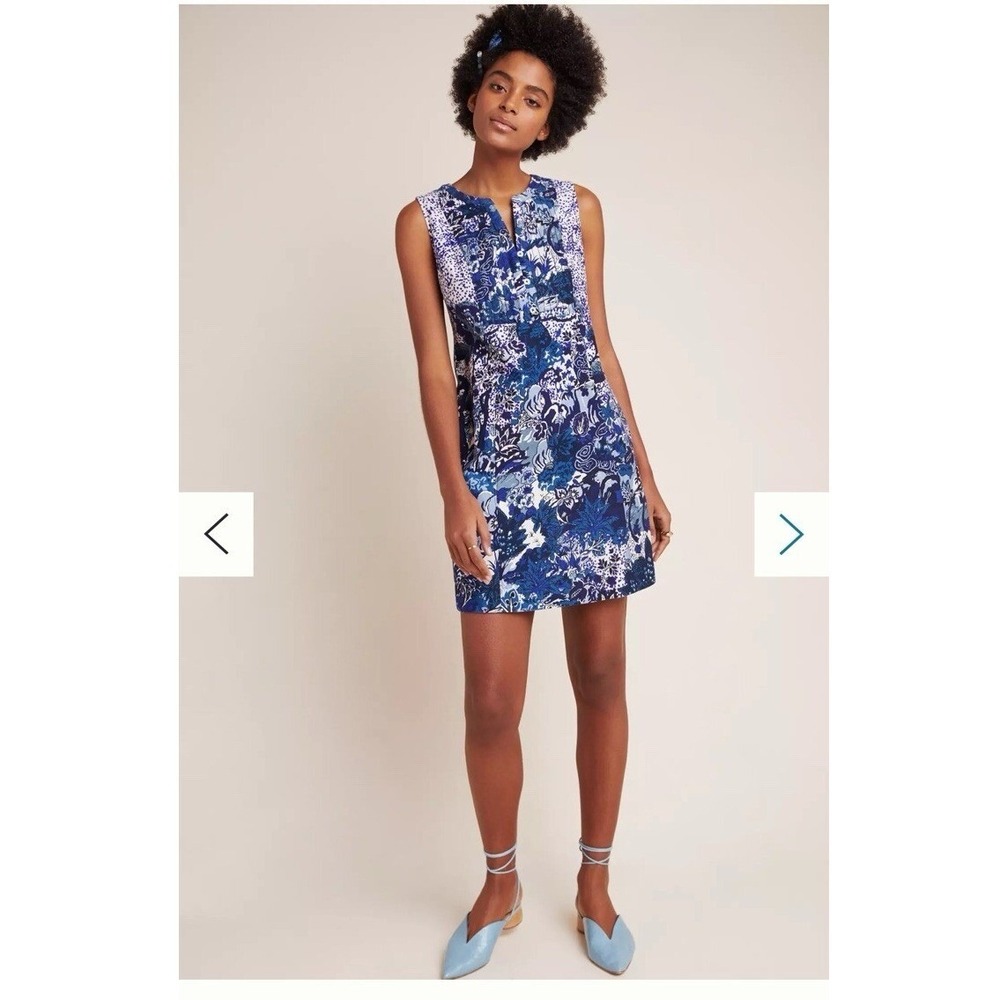 Maeve Anthropologie Sz 10 Resort Savannah Sleeveless Shift Dress Blue Pleated